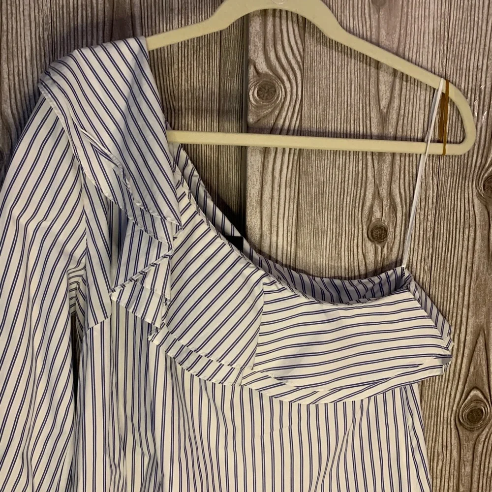 J. Crew 12 pinstripe one shoulder blouse ruffle tailored shirt cotton career NWT